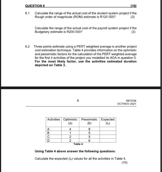 QUESTION 6 [16] 6.1 Calculate the range of the