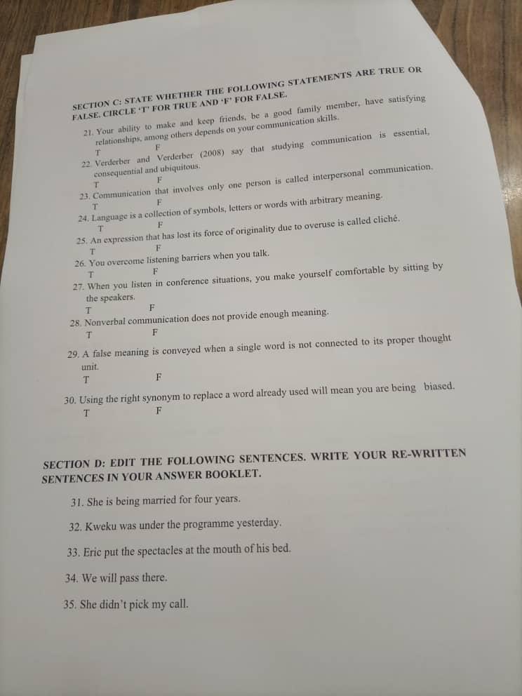 SECTION C: STATE WHETHER THE FOLLOWING STATEMENTS