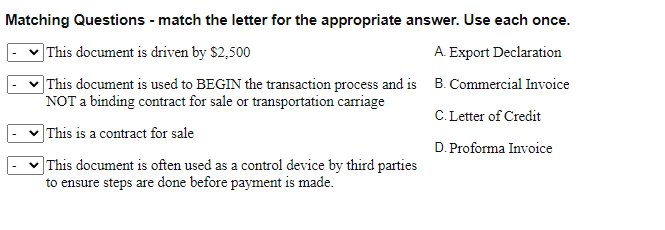 Matching Questions - match the letter for the