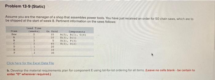 Problem 13-9 (Static) Assume you are the manager