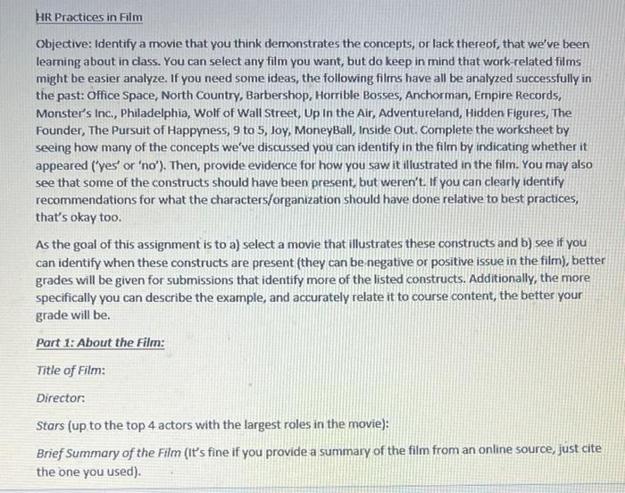 HR Practices in Film Objective: Identify a movie