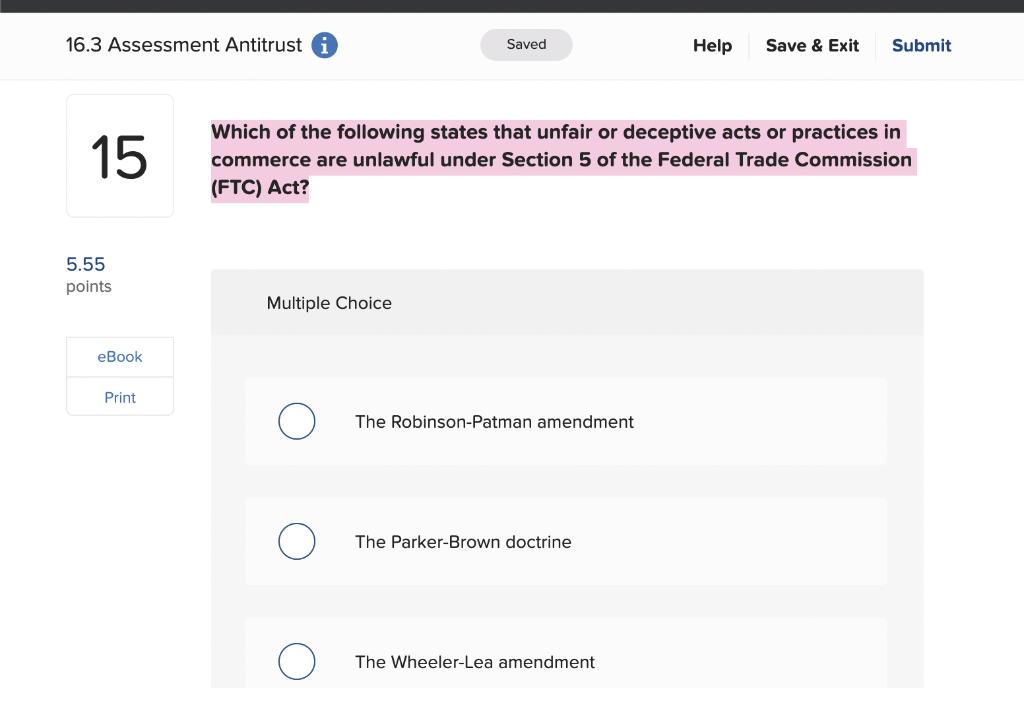 16.3 Assessment Antitrust i Saved Help Save &
