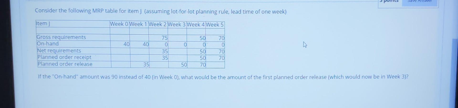 Sdve Muiswer Consider the following MRP table for