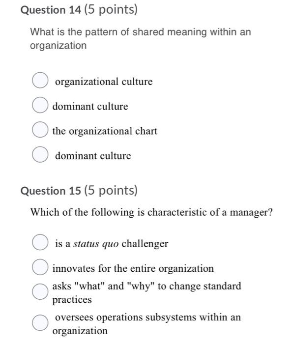 Question 14 (5 points) What is the pattern of
