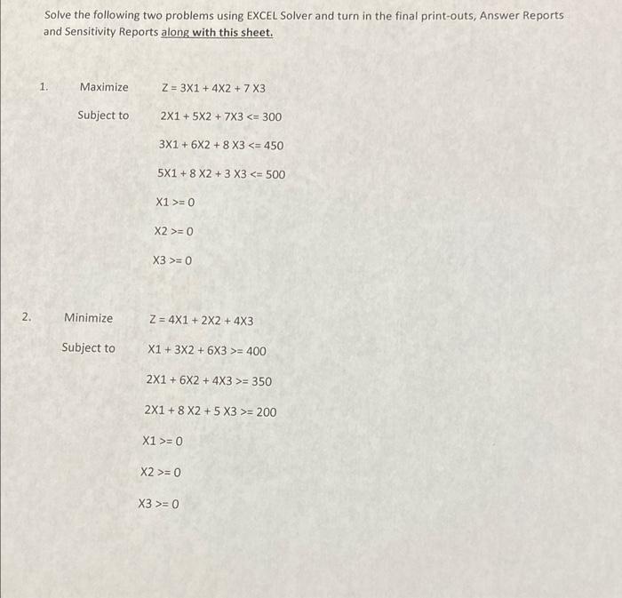 Solve the following two problems using EXCEL