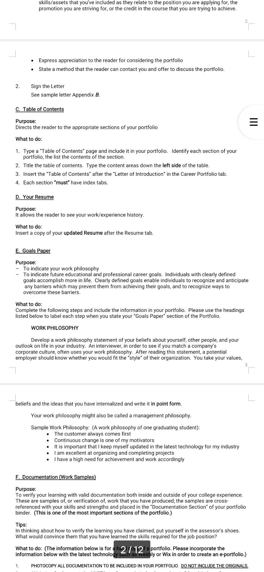 How to Complete each Portfolio Section III A.