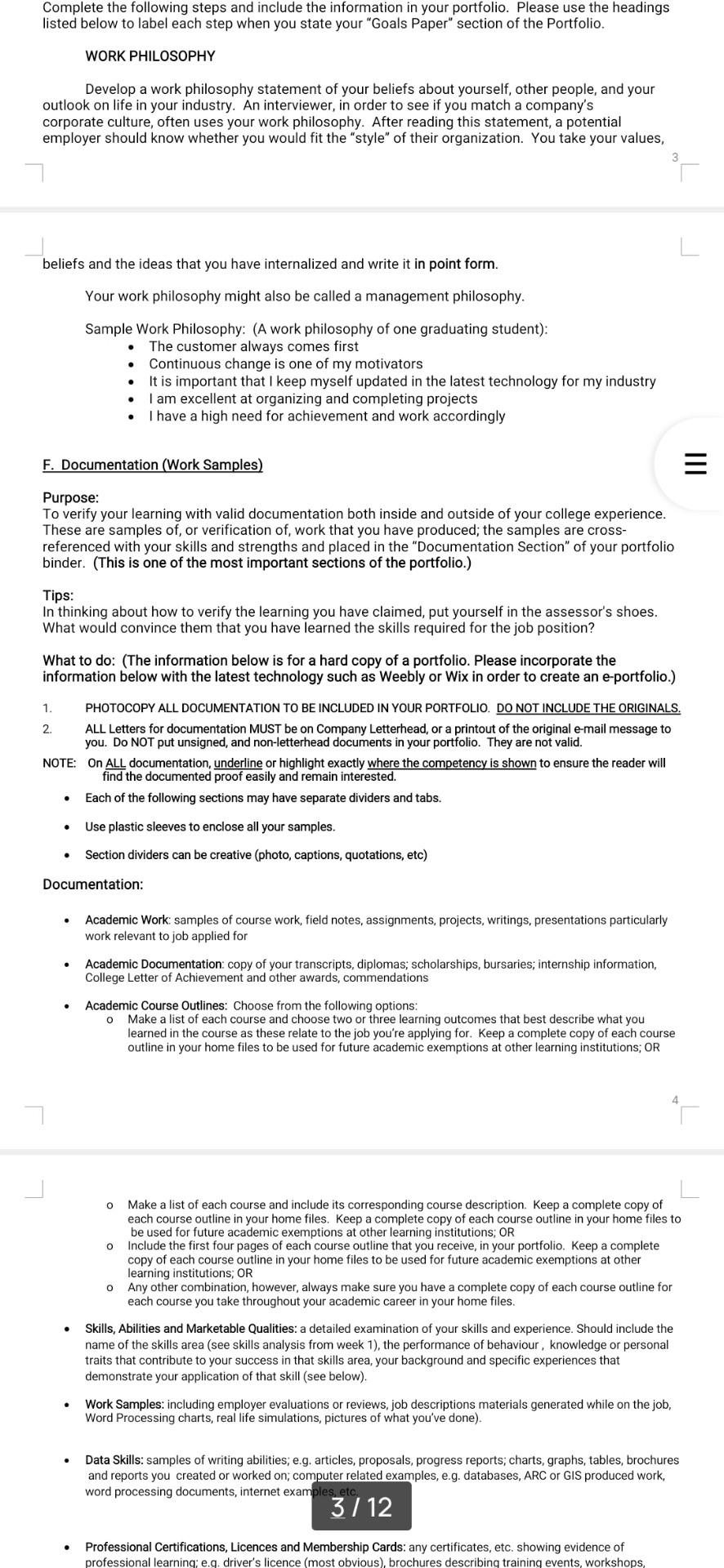 How to Complete each Portfolio Section III A.