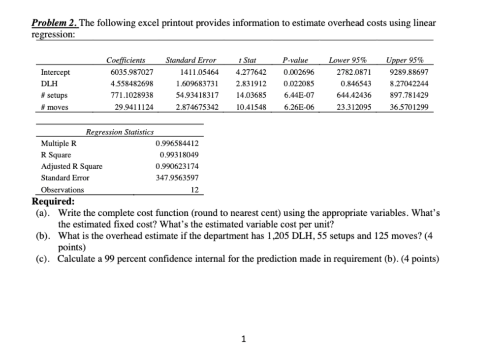 Problem 2. The following excel printout provides