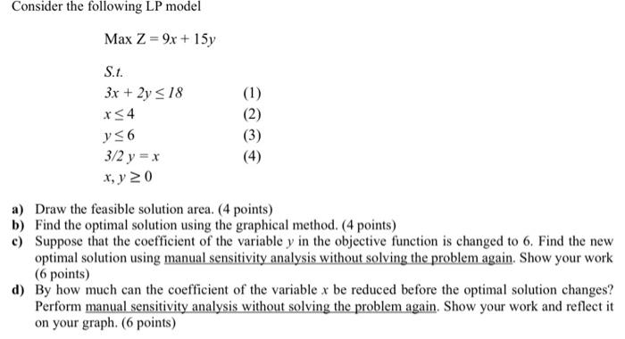 Consider the following LP model Max Z = 9x + 15y