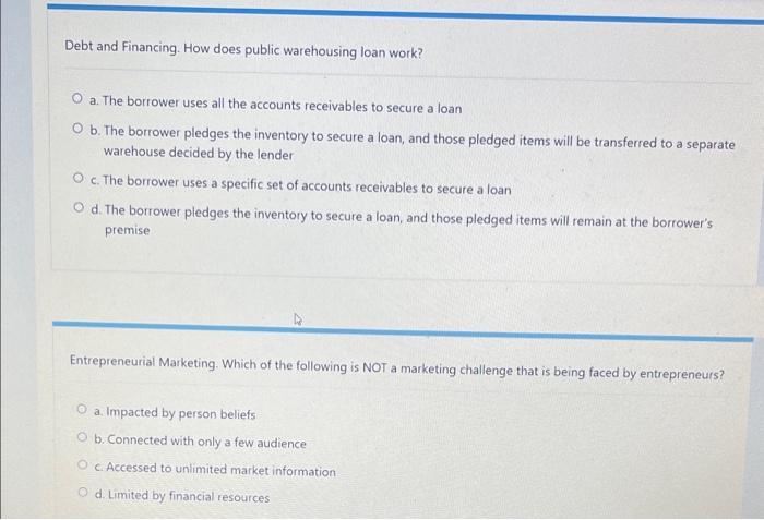entrepreneurship quesyions Debt and Financing.