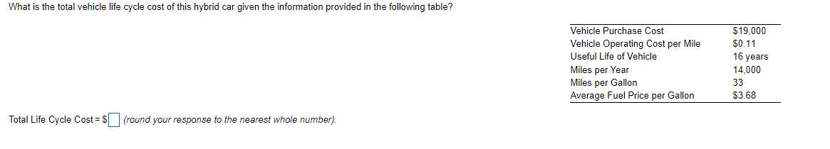 What is the total vehicle life cycle cost of this