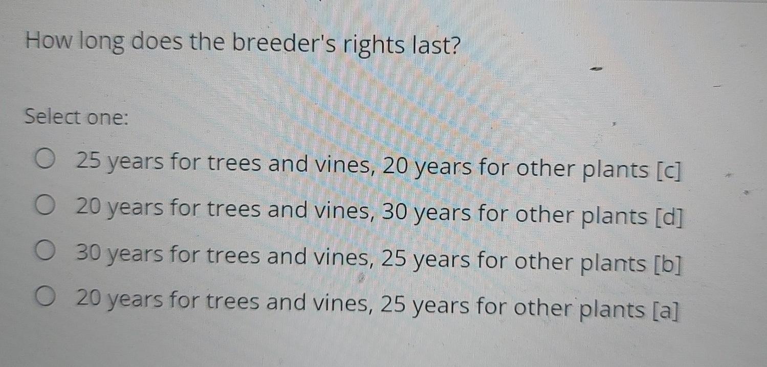 How long does the breeder's rights last? Select