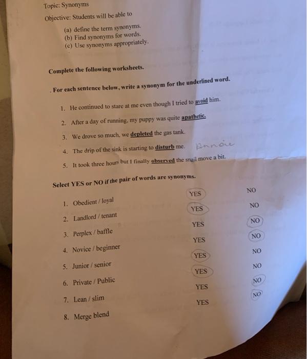 help please Topic: Synonyms Objective: Students