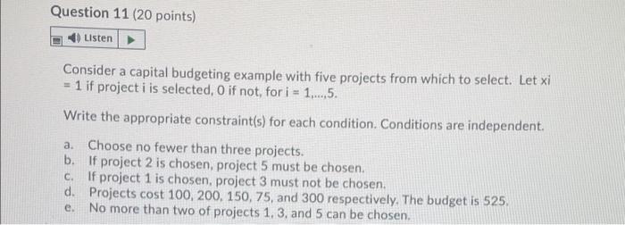 Question 11 (20 points) Listen Consider a capital