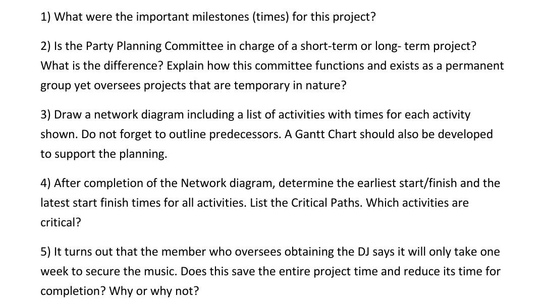 1) What were the important milestones (times) for