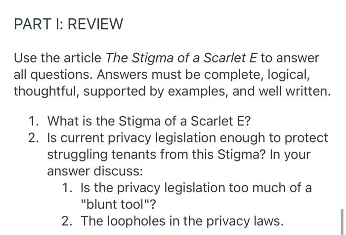 PART I: REVIEW Use the article The Stigma of a