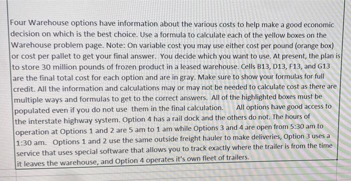 Four Warehouse options have information about the