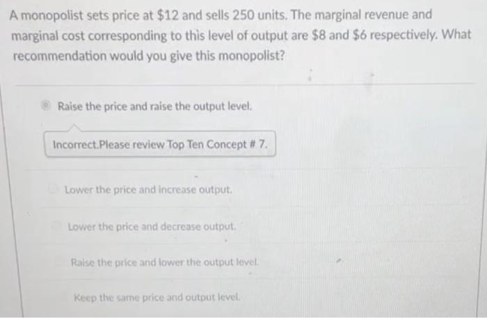 A monopolist sets price at $12 and sells 250