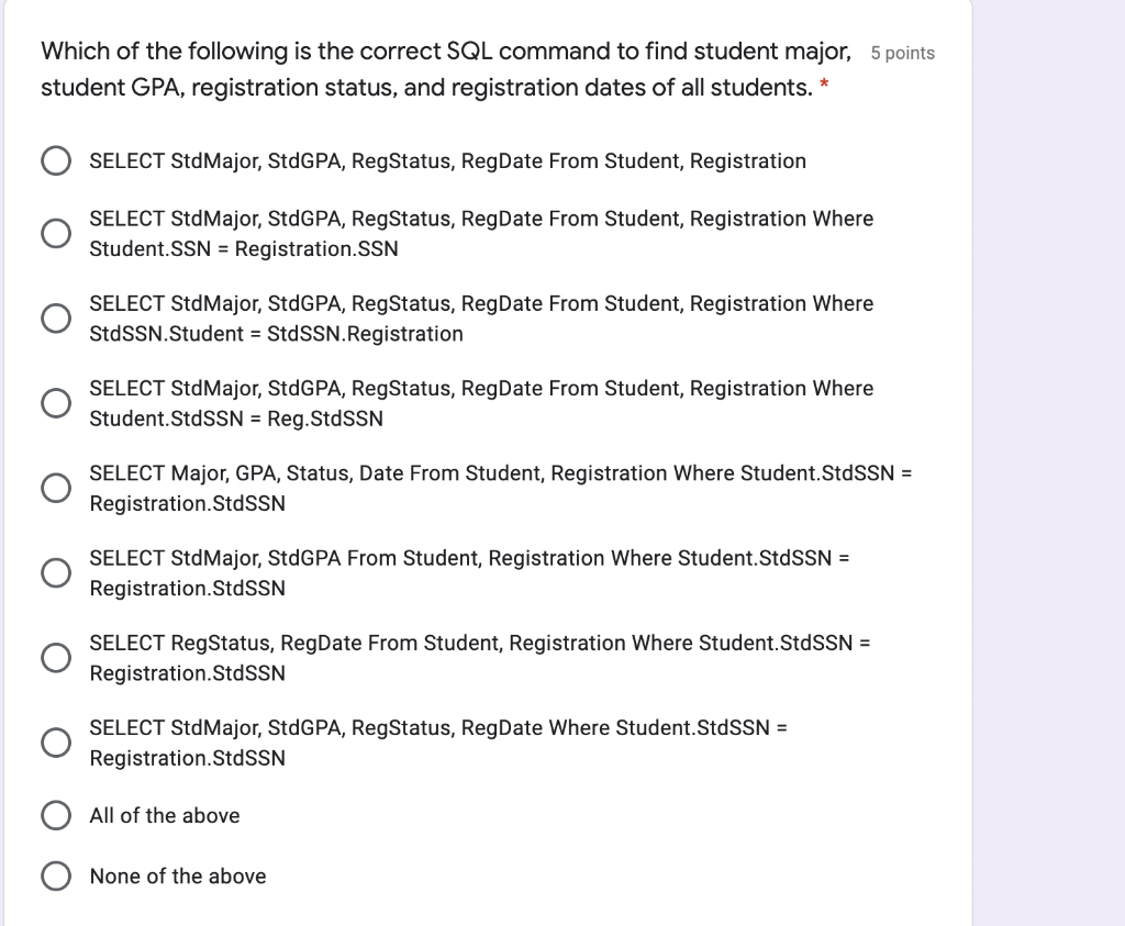 Which of the following is the correct SQL command