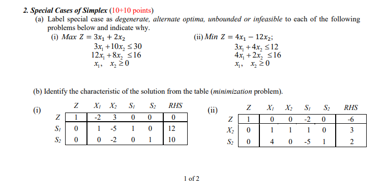 = 2. Special Cases of Simplex (10+10 points) (a)
