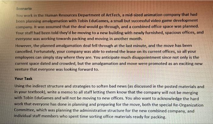 BAD NEWS MEMO Scenario You work in the Human