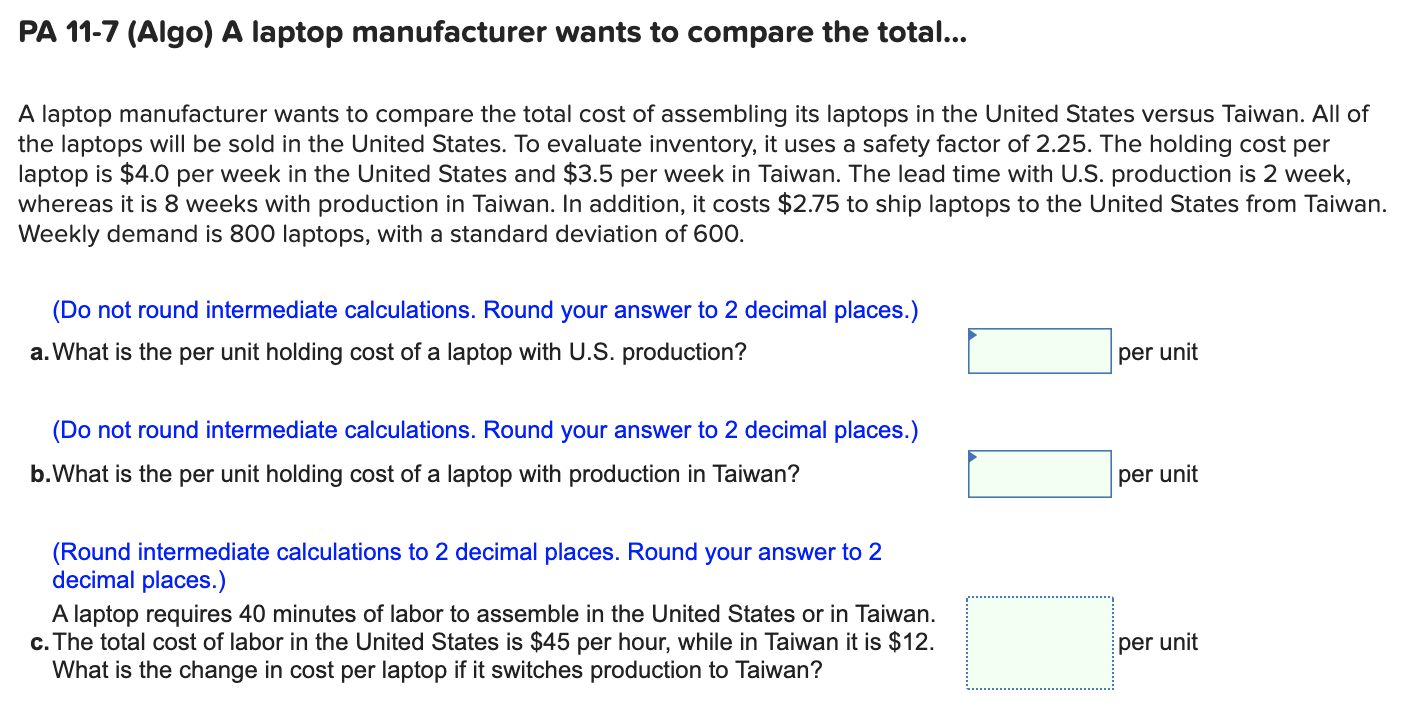 PA 11-7 (Algo) A laptop manufacturer wants to
