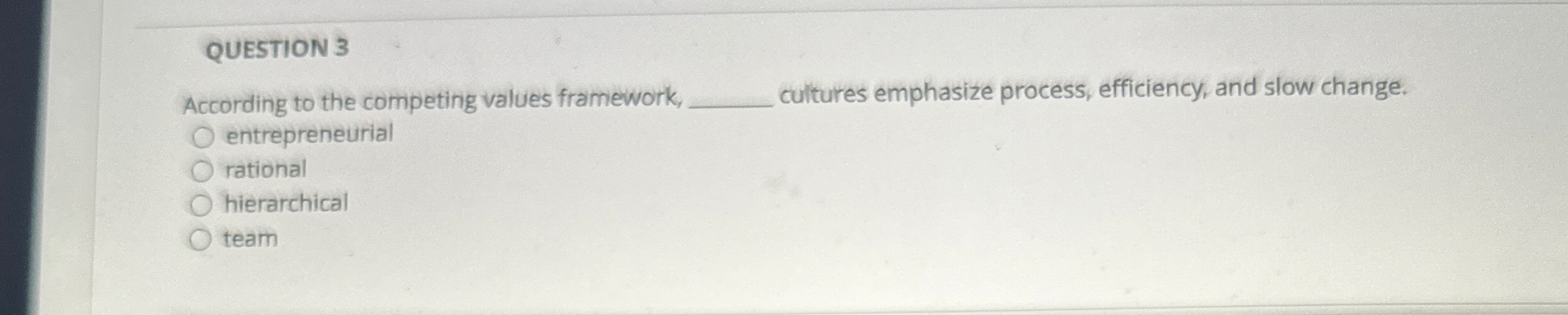 QUESTION 3 According to the competing values