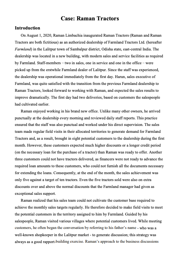 Based on the case study Raman Tractors , please