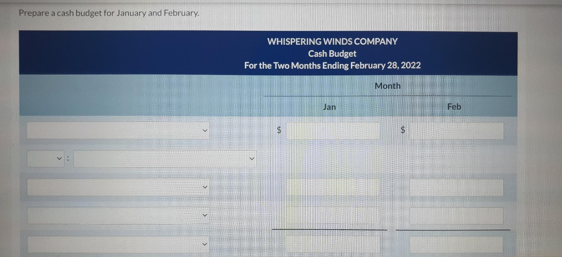 Whispering Winds Company expects to have a cash