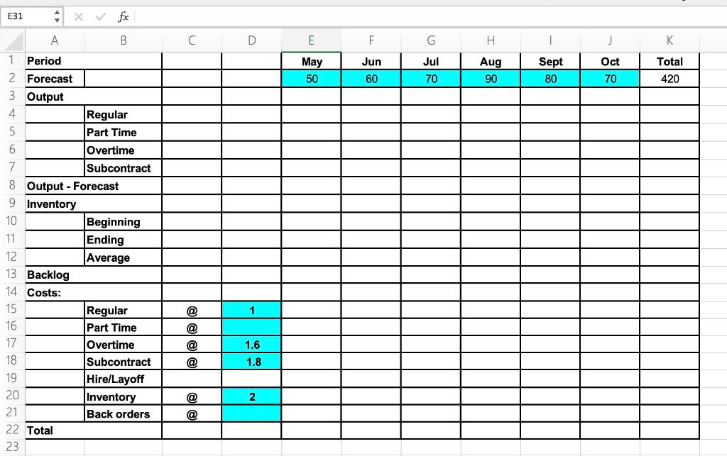Please use excel and show work including formulas