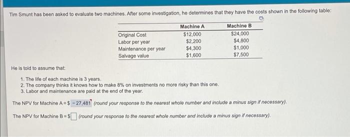 npv for machine b Tim Smunt has been asked to