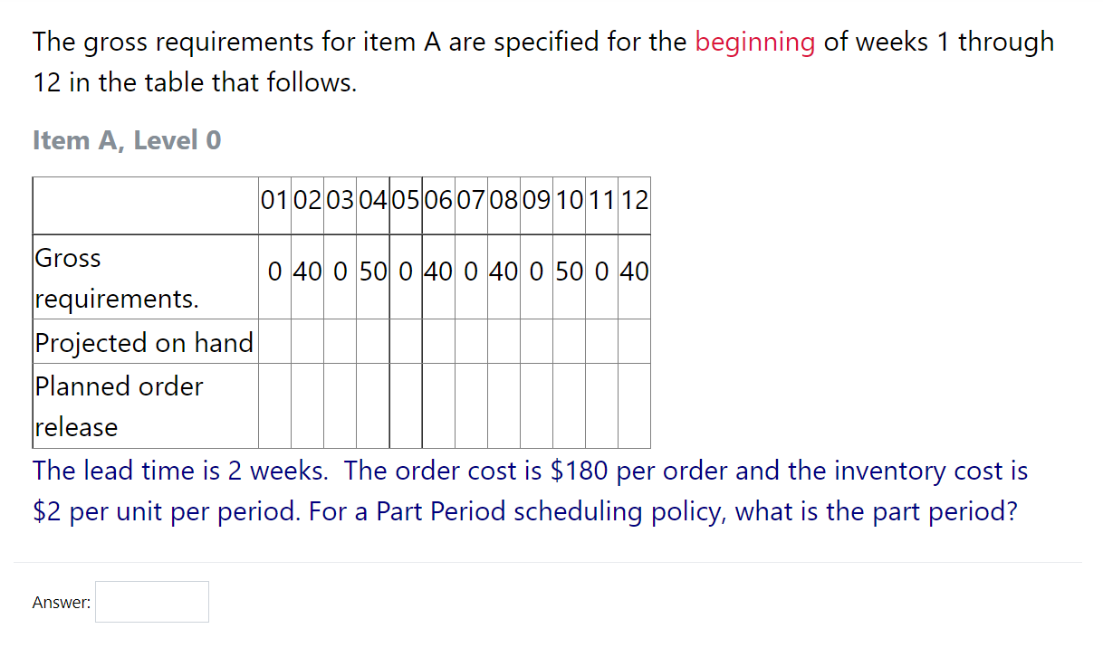The gross requirements for item A are specified