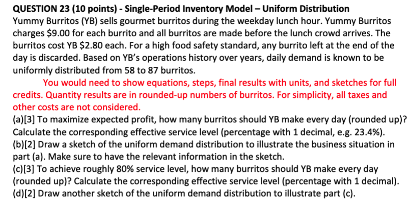 QUESTION 23 (10 points) - Single-Period Inventory