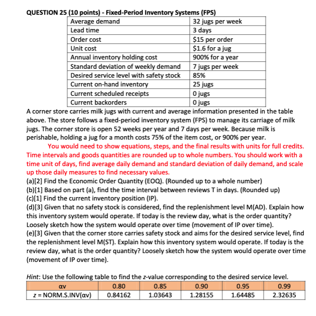 QUESTION 25 (10 points) - Fixed-Period Inventory