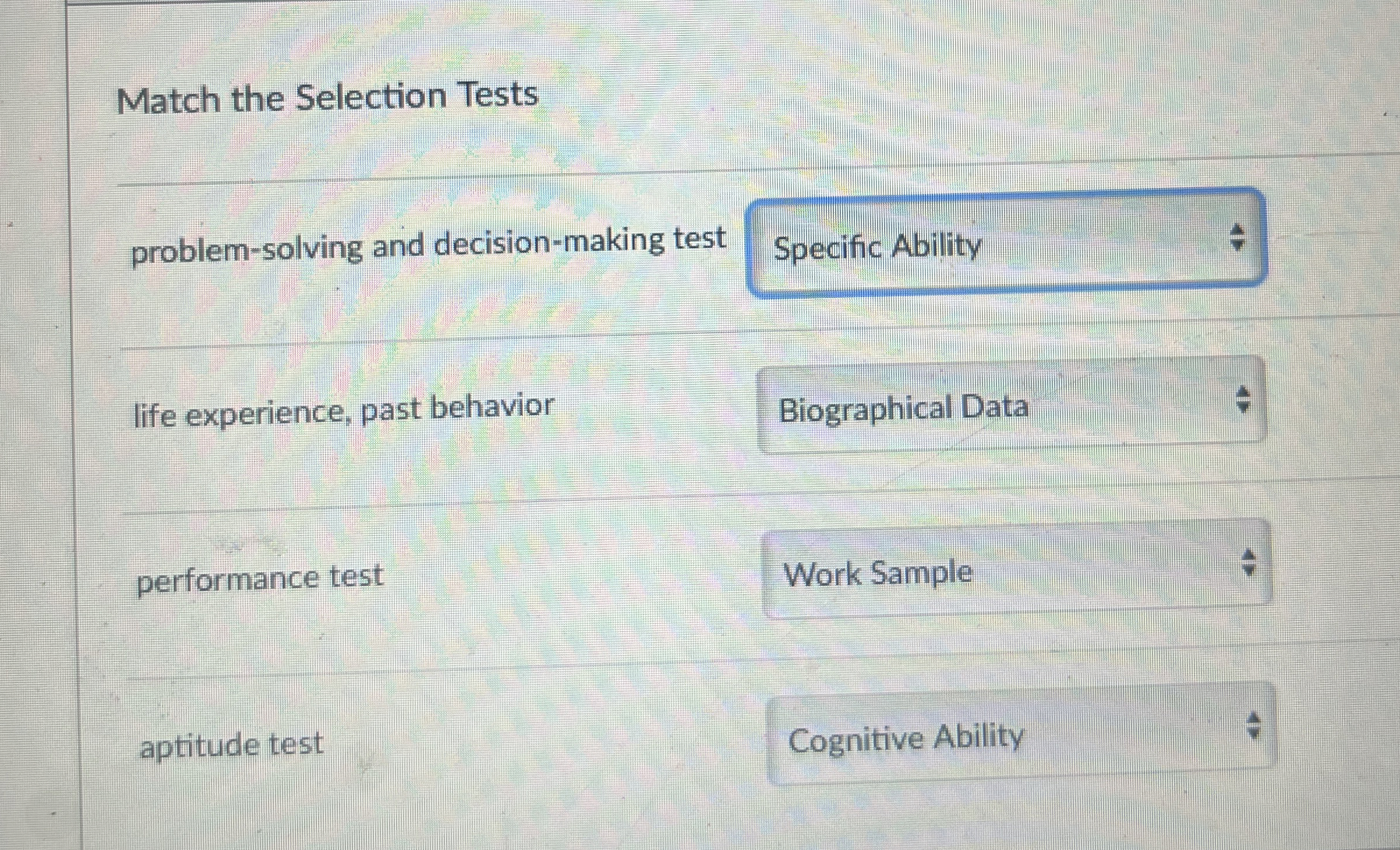 Match the Selection Tests problem - solving and
