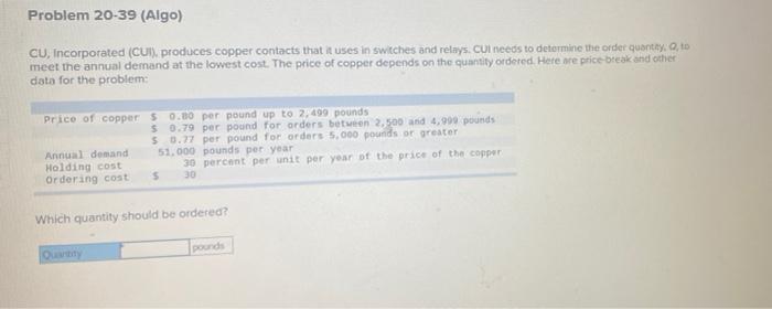 Problem 20-39 (Algo) CU, Incorporated (CUI),