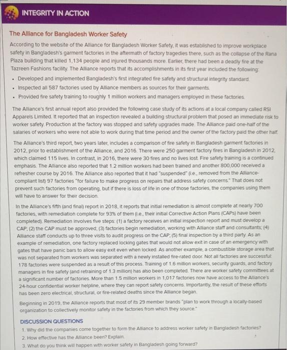 INTEGRITY IN ACTION The Alliance for Bangladesh