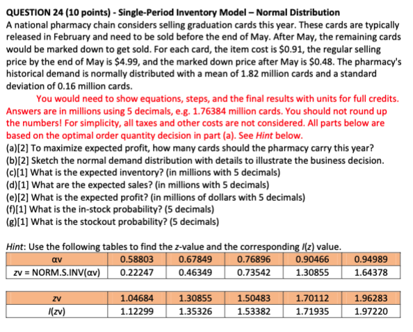 QUESTION 24 (10 points) - Single-Period Inventory