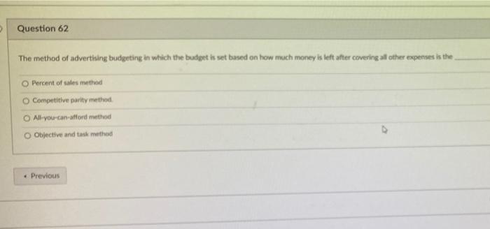 Question 62 The method of advertising budgeting