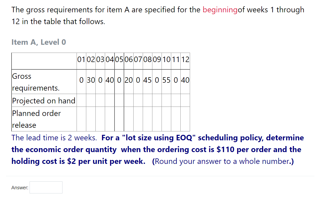 The gross requirements for item A are specified