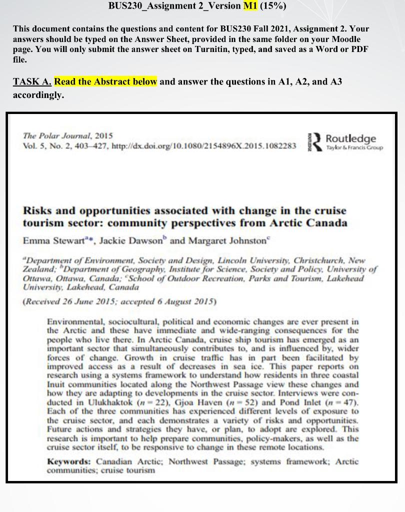 BUS230_Assignment 2_Version M1 (15%) This