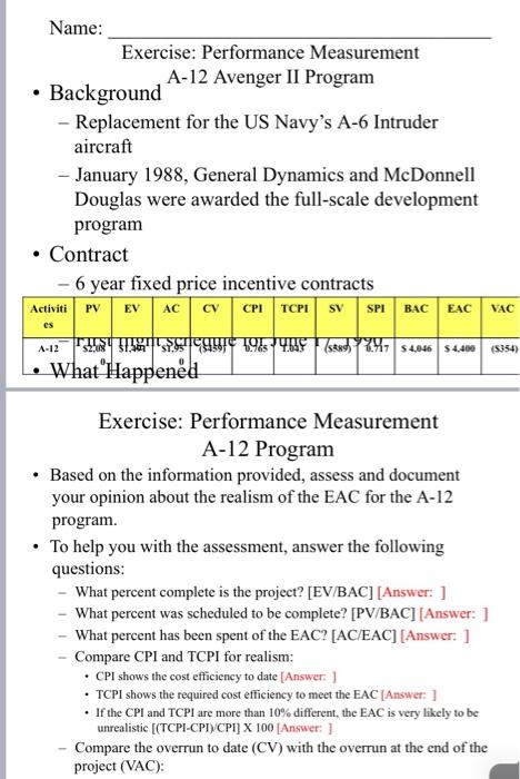 Name: Exercise: Performance Measurement A-12