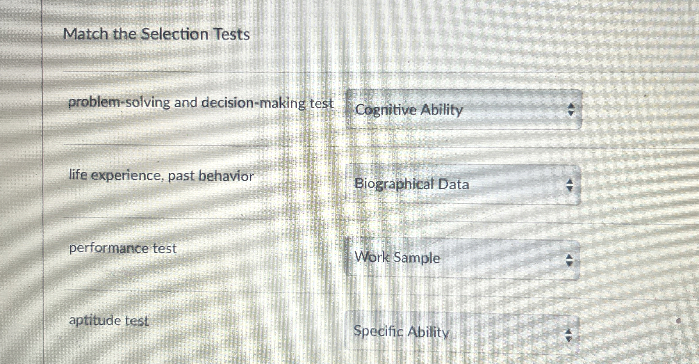 Match the Selection Tests problem - solving and