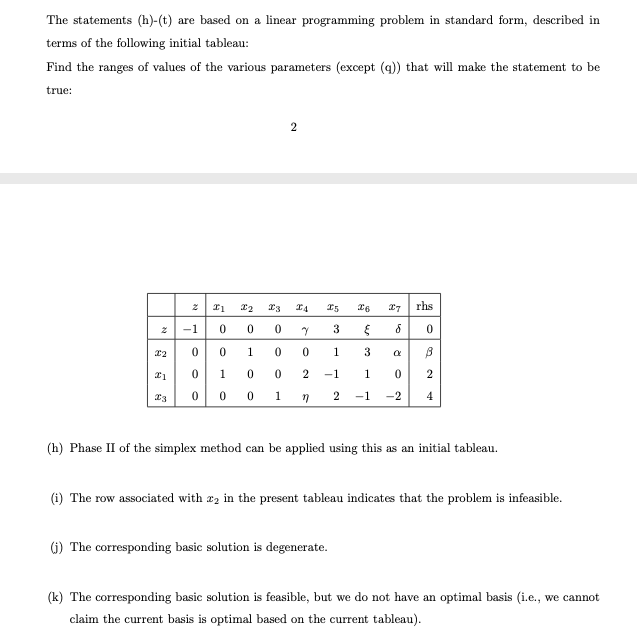 The statements (h)-(t) are based on a linear