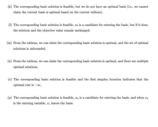 The statements (h)-(t) are based on a linear