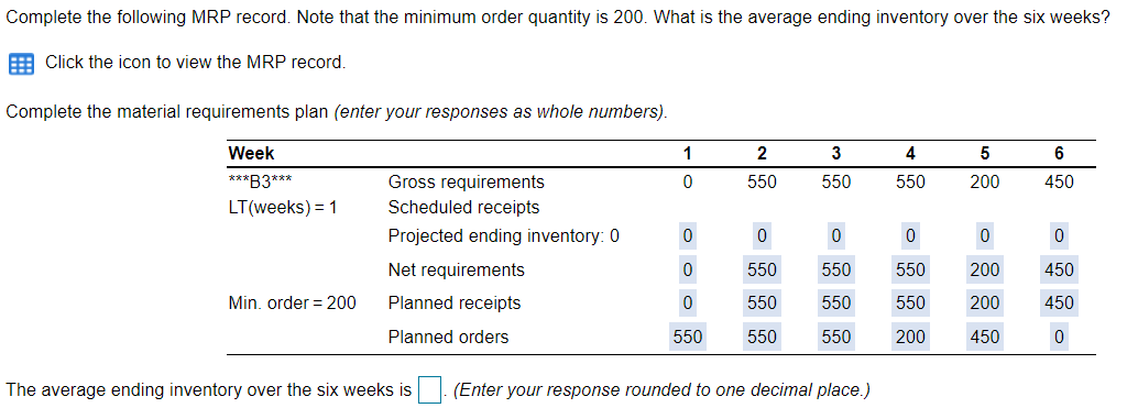 Complete the following MRP record. Note that the
