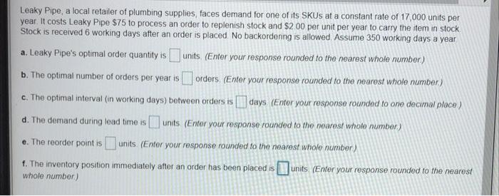 Leaky Pipe, a local retailer of plumbing