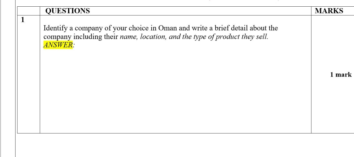 QUESTIONS MARKS 1 a Identify a company of your