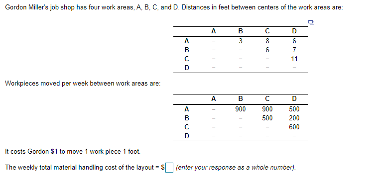 Gordon Miller's job shop has four work areas, A,