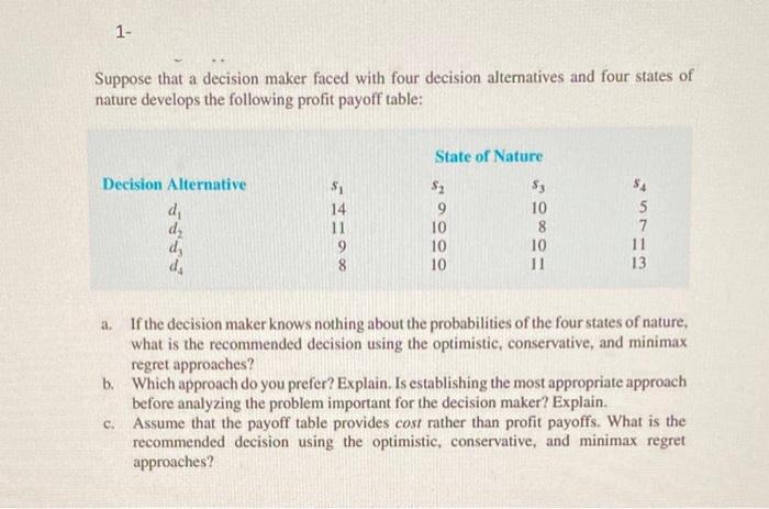 1- Suppose that a decision maker faced with four